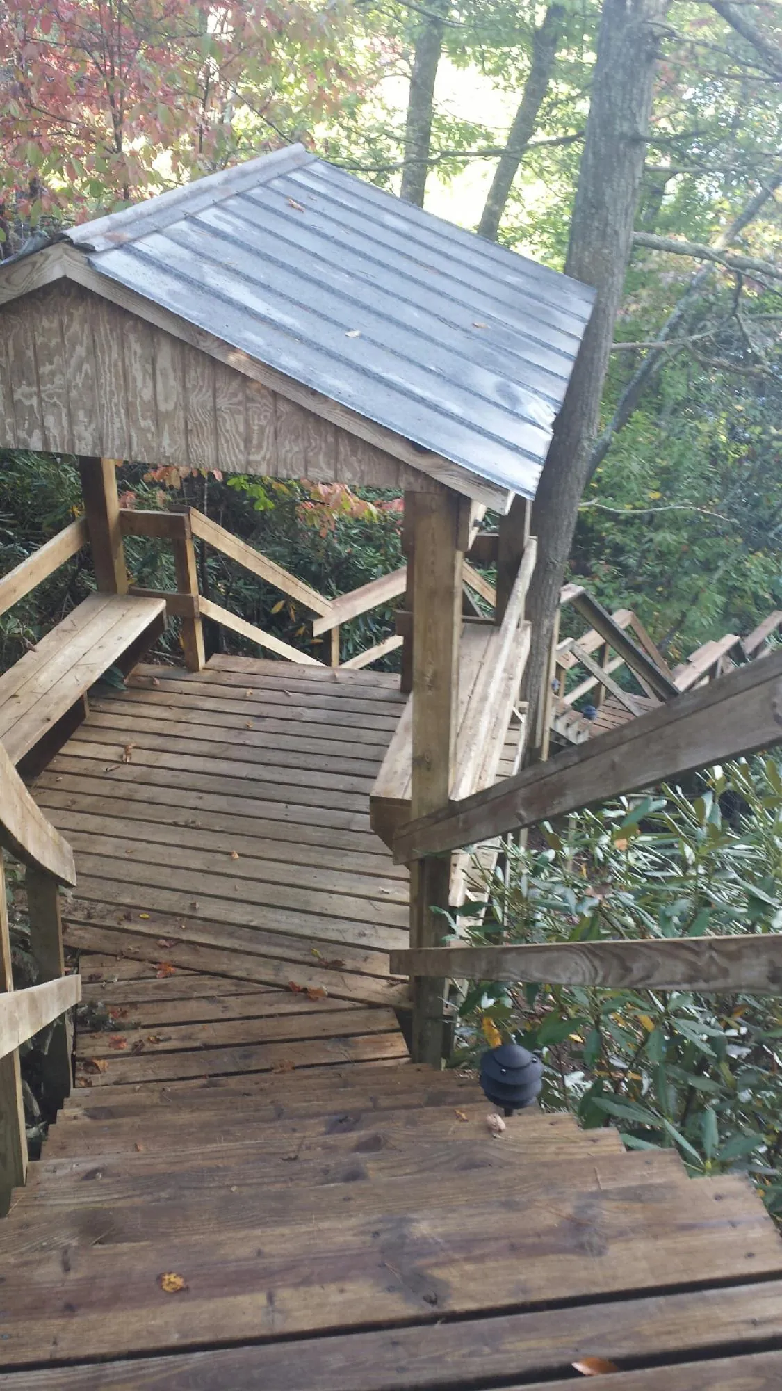 Metal roofed shelter over wooden steps on a wooded walkway — Skylight Repair & Installation work by our crew in Talmage